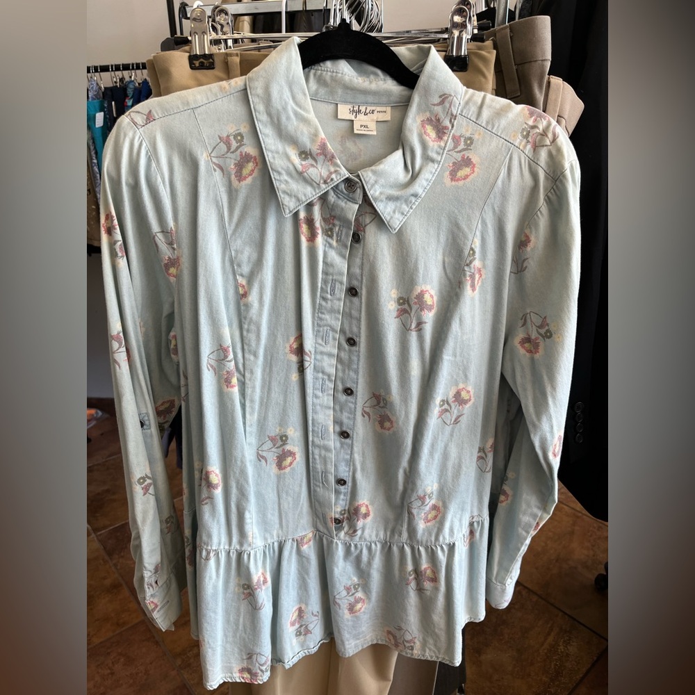Style & Co Light Blue Floral Blouse